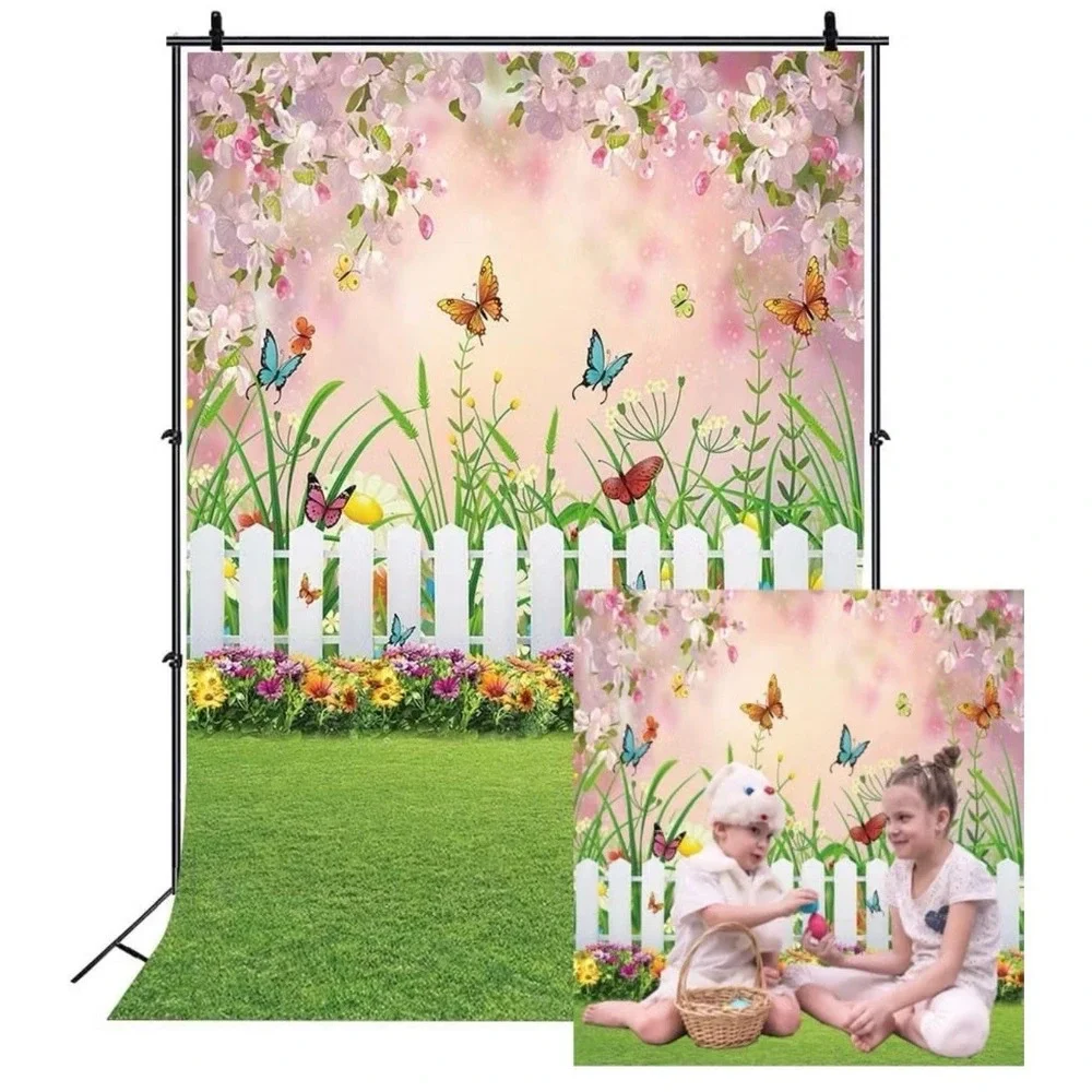 Spring Garden Backdrop Grassland Butterfly Fence Pink Flowers Backdrops 5x7